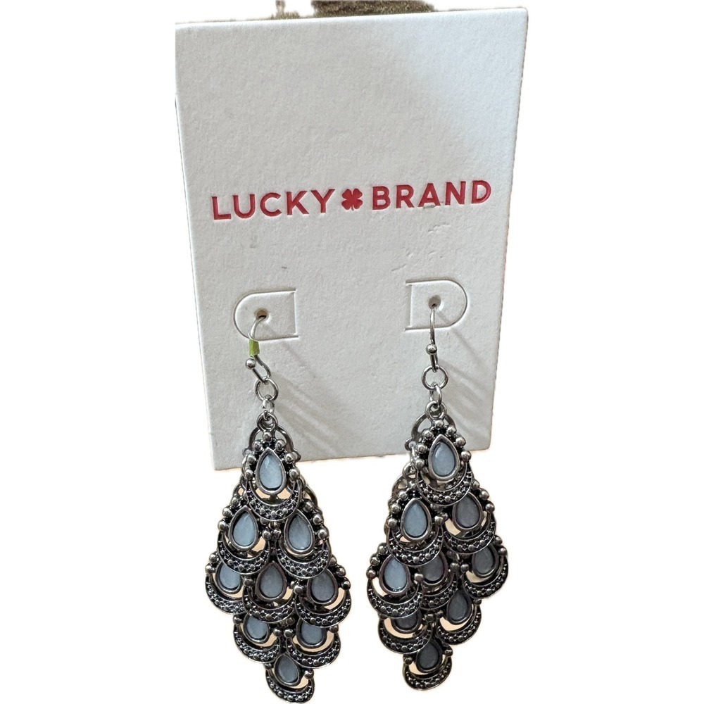 Lucky Brand Silver Tone Blue Teardrop Chandelier Dangle Earrings Boho Statement - Picture 2 of 4